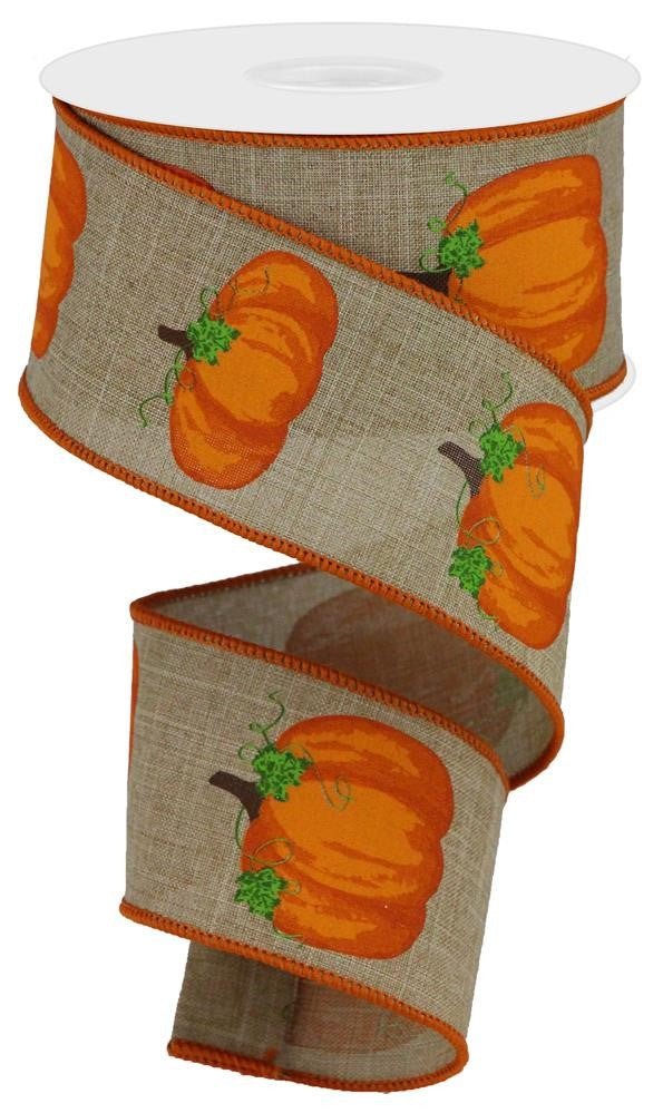 2.5" Orange Pumpkin w/ Leaves Ribbon: Natural - 10yds - RGA147101 - The Wreath Shop