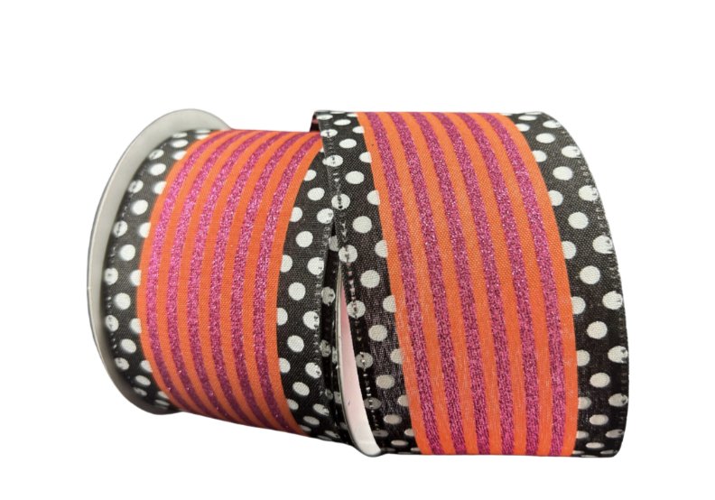 2.5" Orange/Fuchsia Stripe Black Dot Edge Ribbon - 10yds - 56423 - 40 - 28 - The Wreath Shop