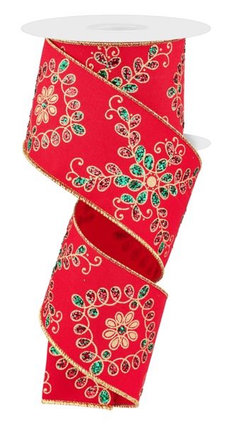 2.5" Ornate Loop Diamond Glitter Ribbon: Red/Emer/Gold - 10yds - RGE192424 - The Wreath Shop