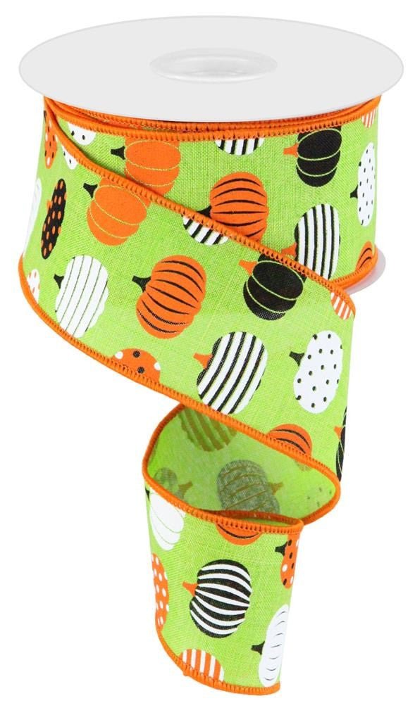 2.5" Patterned Pumpkin Ribbon: Lime/Orange/Blk/Wht - RGC1705E9 - The Wreath Shop