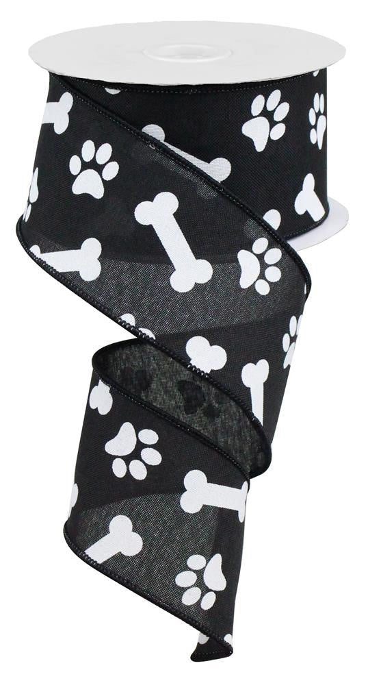 2.5" Paw Print Bone Ribbon: Black/White- 10yds - RGA115102 - The Wreath Shop