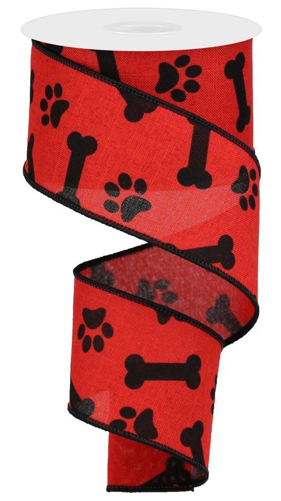 2.5" Paw Print Bone Ribbon: Red/Black - 10yds - RGA114824 - The Wreath Shop