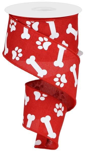 2.5" Paw Print Bone Ribbon: Red/White - 10yds - RGA115424 - The Wreath Shop