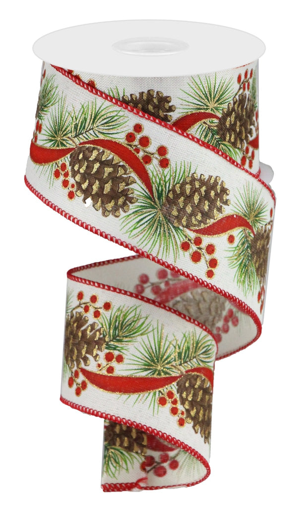 2.5" Pinecone/Berry Ribbon: Ivory - RGA106530 - The Wreath Shop