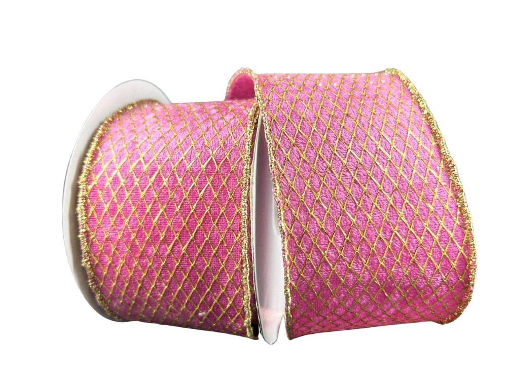 2.5" Pink Velvet w/ Gold Net Overlay Ribbon - 10yds - 78489 - 40 - 28 - The Wreath Shop