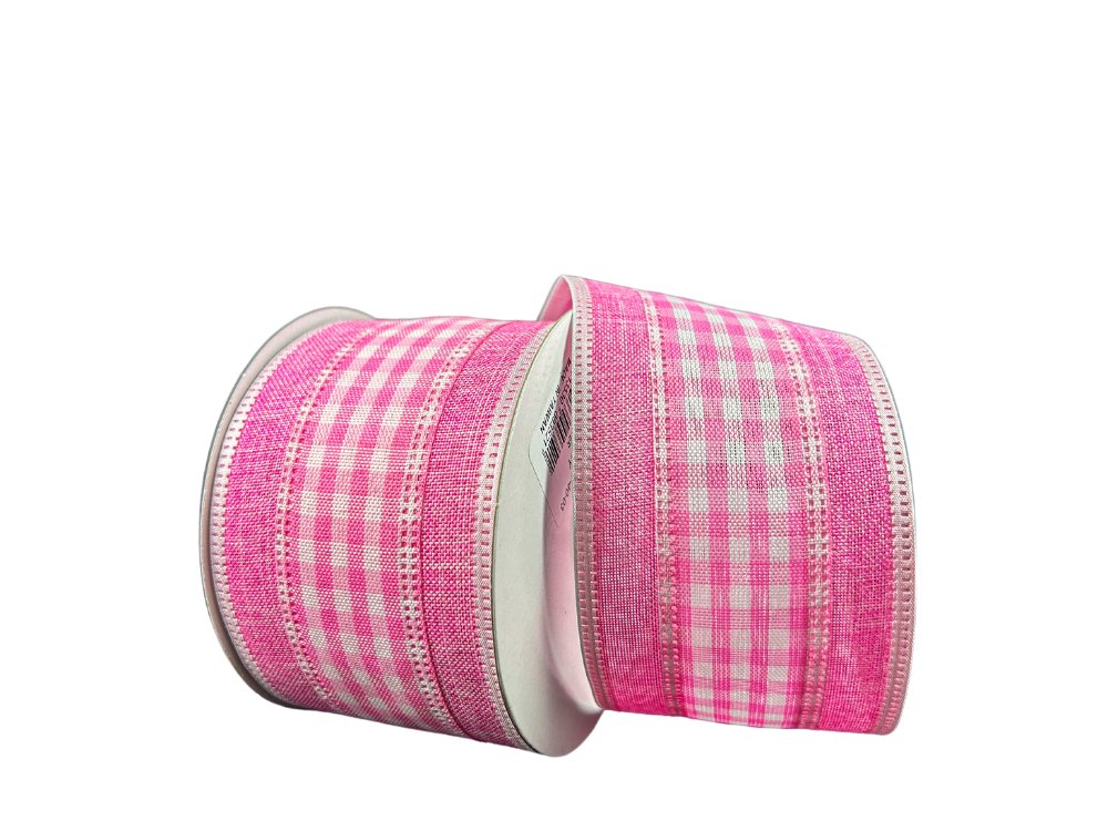 2.5" Pink/White Gingham with Pink Border Ribbon - 10yds - 46417-40-03 - The Wreath Shop