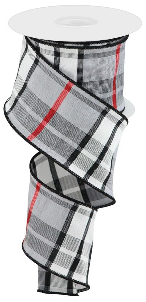 2.5" Plaid Dupioni Ribbon: Grey/Wht/Blk/Red - 10yds - RGC1332C8 - The Wreath Shop