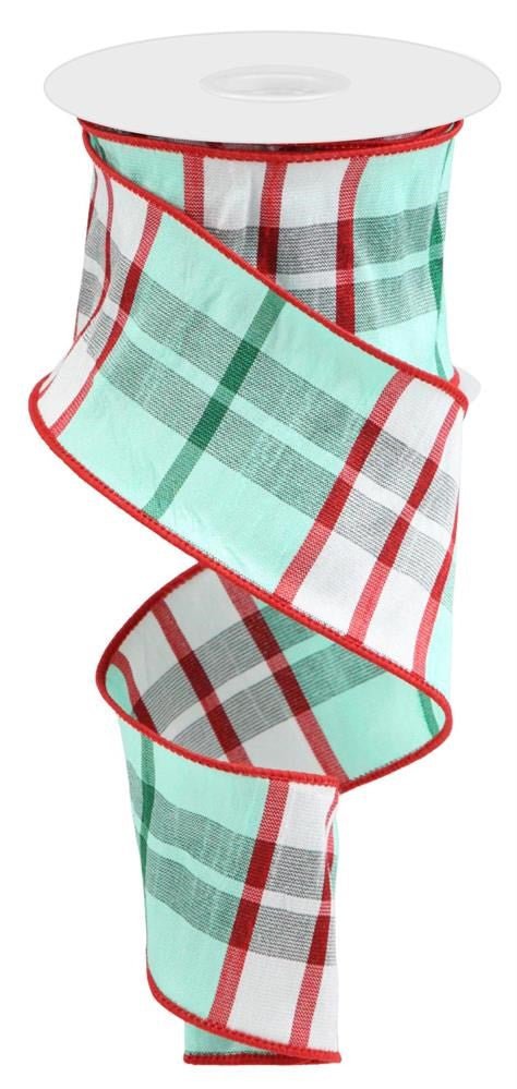 2.5" Plaid Dupioni Ribbon: Mint/Red/Wht - 10yds - RGC133279 - The Wreath Shop