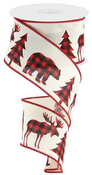 2.5" Plaid Moose/Bear/Tree Ribbon: Cream/Red/Black - 10yds - RG017213H - The Wreath Shop