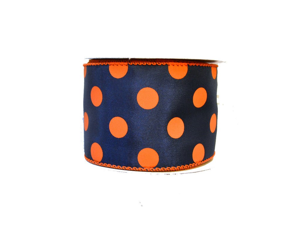 2.5" Polka Dot Ribbon: Navy/Orange - 10yds - U307-2719 - The Wreath Shop