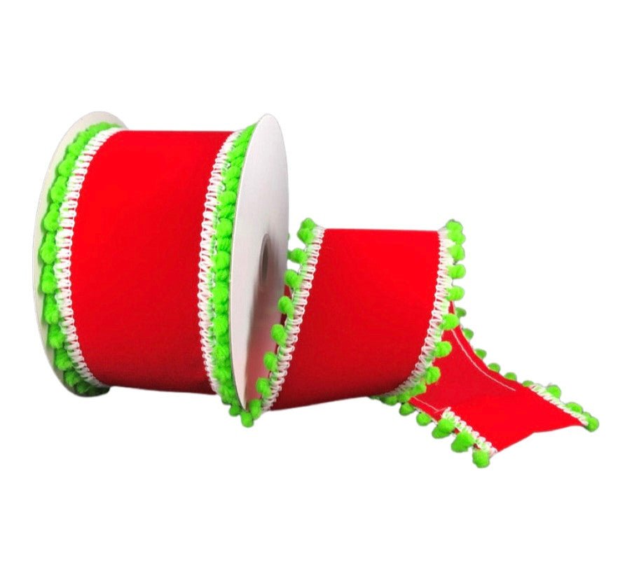 2.5" Pompom Edge Velvet Ribbon: Red/White/Lime- 10 YD - 71117-40-13 - The Wreath Shop