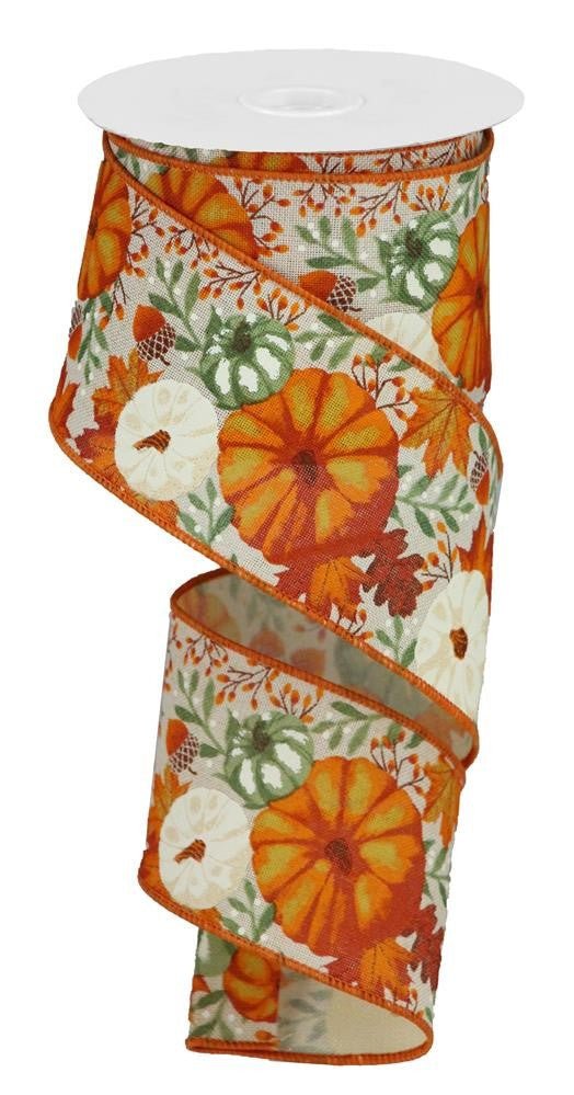 2.5" Pumpkin Foliage Ribbon: Cream/Orange/Moss - 10yds - RGB1081C2 - The Wreath Shop