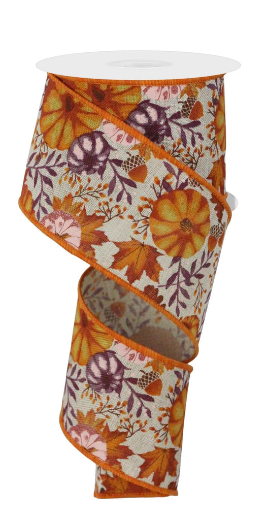 2.5" Pumpkin Foliage Ribbon: Lt Natural/Orange/Dusty Pink/Purple - 10yds - RGE179818 - The Wreath Shop