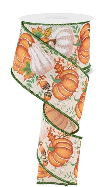 2.5" Pumpkin Gourd Leaves Ribbon: Cream/Orange/Sage - 10yds - RGE198764 - The Wreath Shop