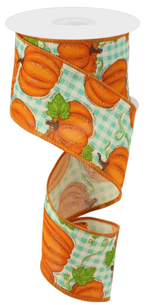 2.5" Pumpkin Patch Ribbon: Cream/Turq Check - 10yds - RGA14804K - The Wreath Shop