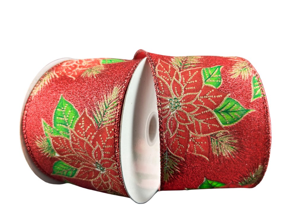 2.5" Red Glitter Satin Poinsettia Ribbon - 10yds - 71466 - 40 - 13 - The Wreath Shop