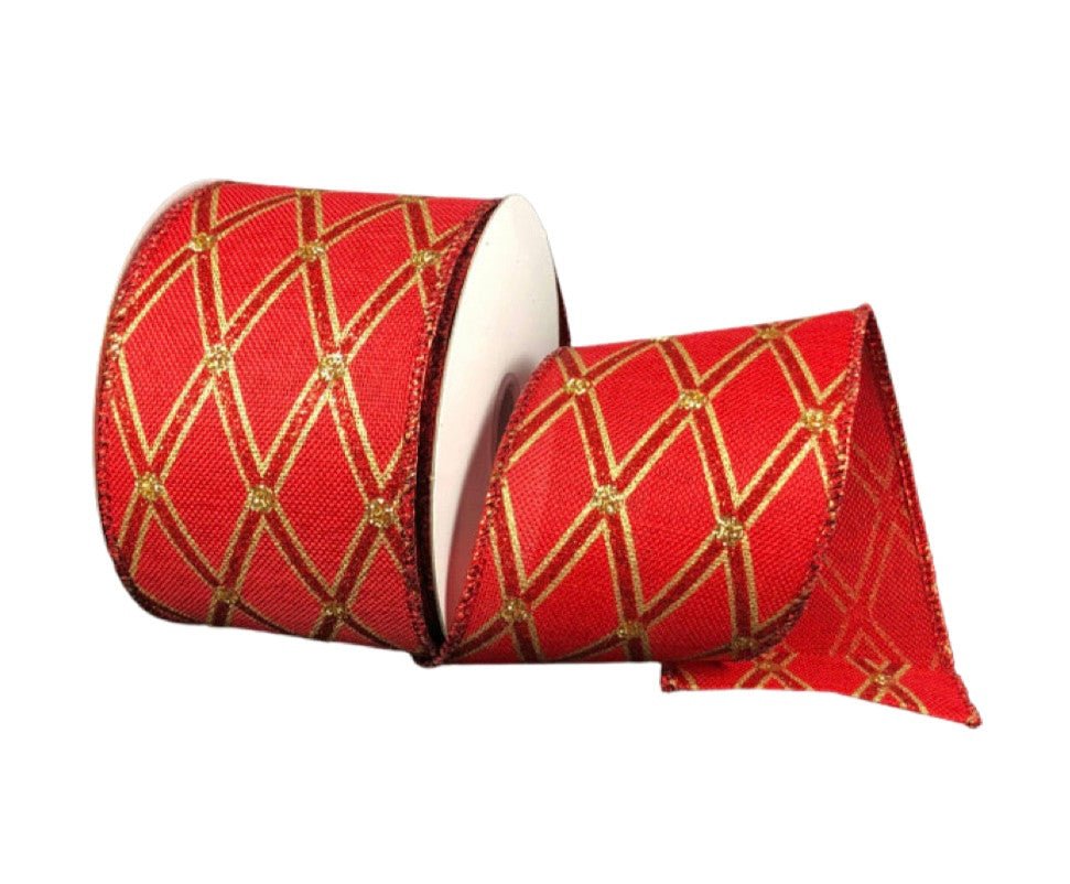 2.5" Red/Gold Diamond Pattern Linen Ribbon - 10yds - 71233-40-15 - The Wreath Shop