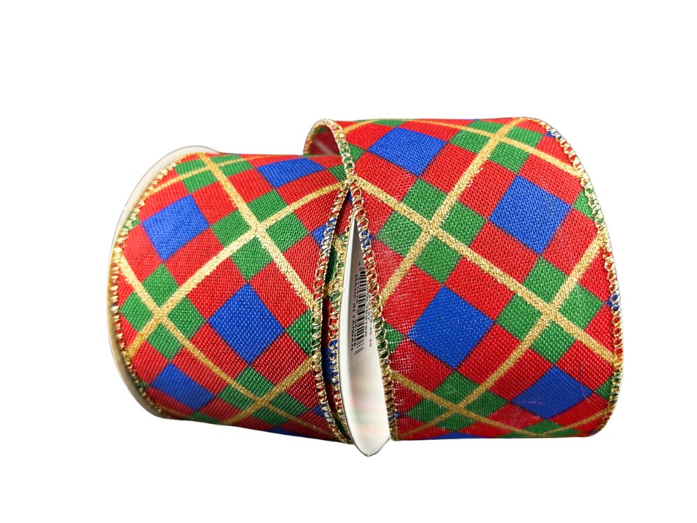 2.5" Red/Green/Blue/Gold Check Argyle Ribbon - 10yds - 72248 - 40 - 25 - The Wreath Shop