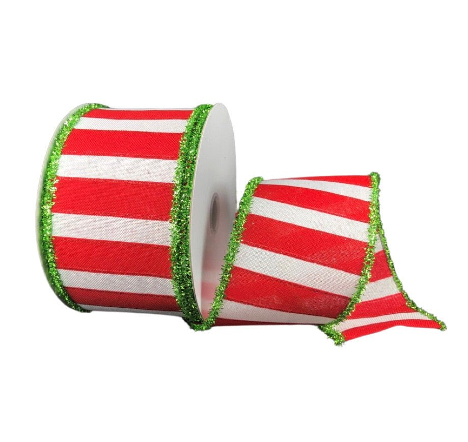 2.5" Red/White Stripe with Green Tinsel Edge Ribbon - 10yds - 71116-40-29 - The Wreath Shop