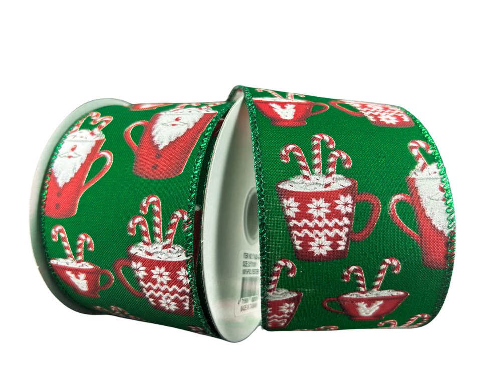 2.5" Santa Hot Cocoa Mugs Ribbon: Emerald - 10yds - 71426 - 40 - 07 - The Wreath Shop