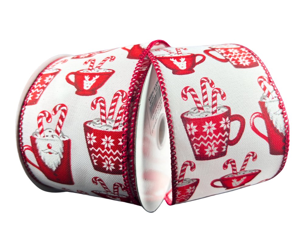 2.5" Santa Hot Cocoa Mugs Ribbon: White - 10yds - 71426 - 40 - 13 - The Wreath Shop