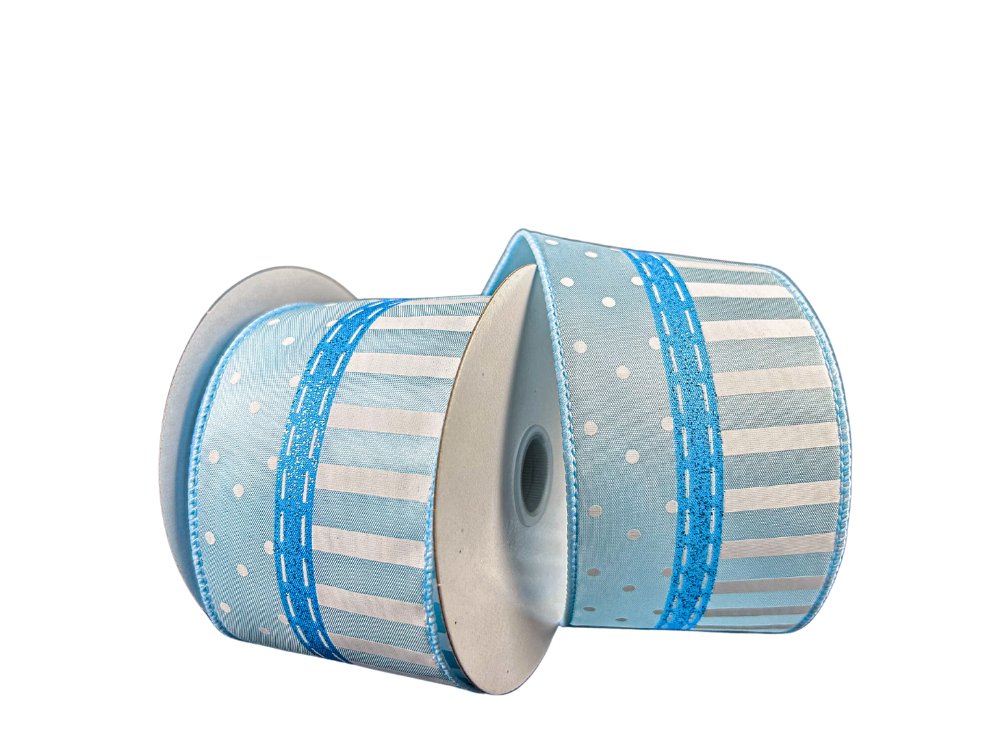 2.5" Satin Dots and Stripes Ribbon: Lt Blue/White - 42456-40-04 - The Wreath Shop