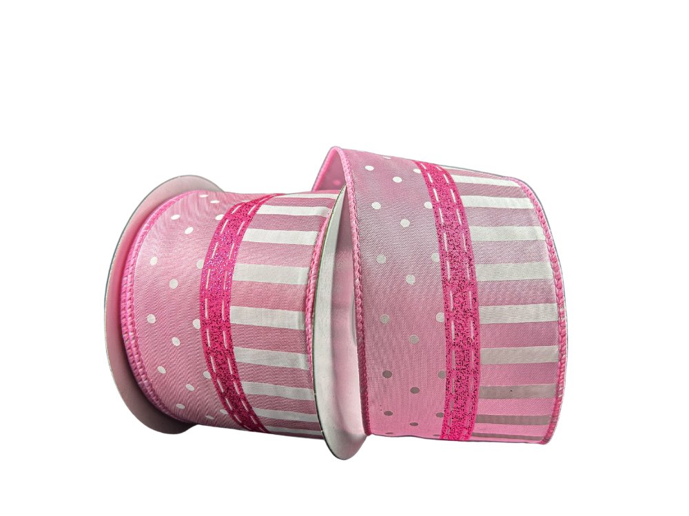 2.5" Satin Dots and Stripes Ribbon: Pink/White - 42456-40-03 - The Wreath Shop