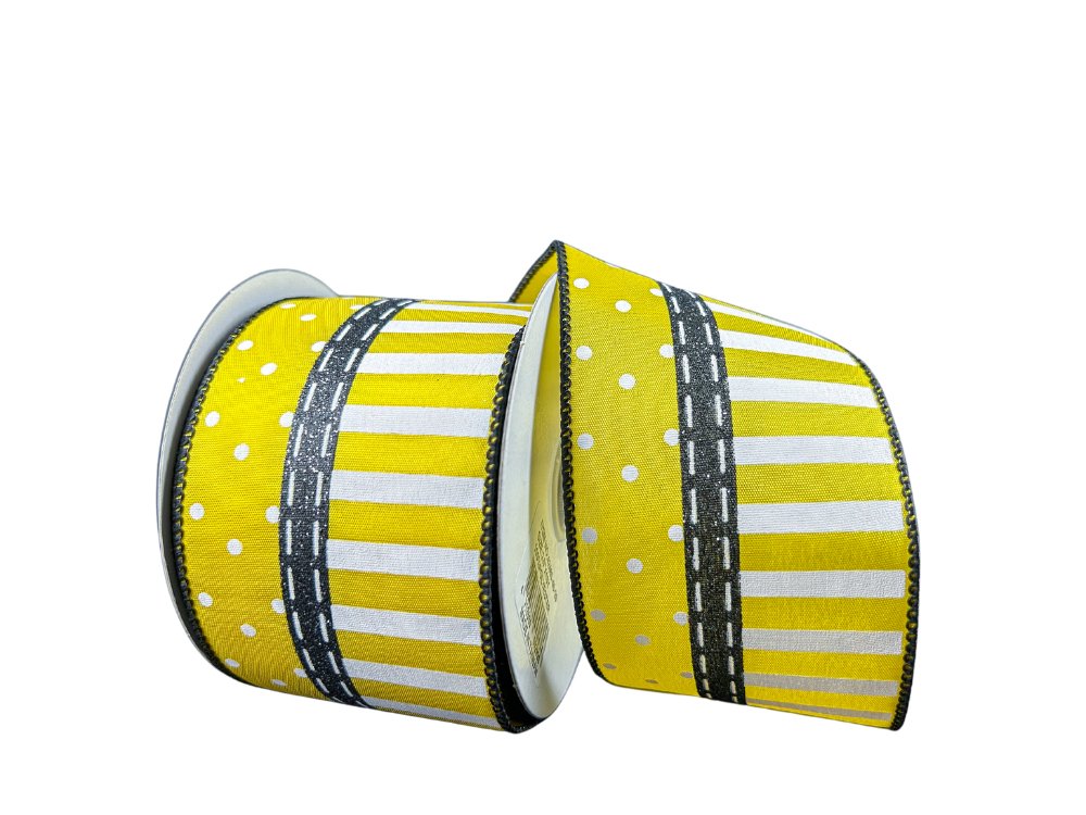2.5" Satin Dots and Stripes Ribbon: Yellow/Black - 42465-40-20 - The Wreath Shop