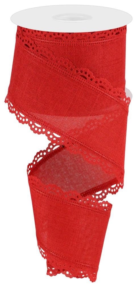 2.5" Scalloped Edge Linen Ribbon: Red - RGC130324 - The Wreath Shop