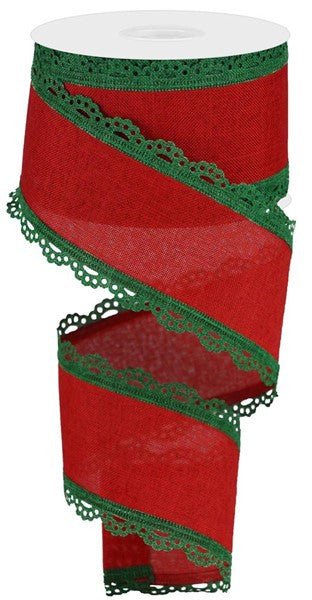 2.5" Scalloped Edge Linen Ribbon: Red/Emerald Green - RGA15424N - The Wreath Shop