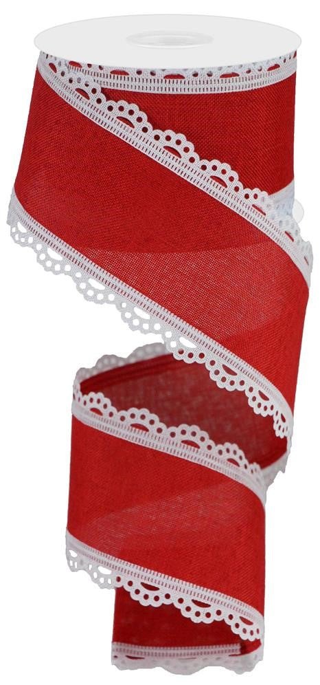 2.5" Scalloped Edge Linen Ribbon: Red/White - RGA1542W7 - The Wreath Shop