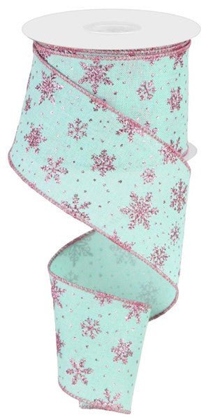 2.5" Scattered Glitter Snowflake Ribbon: Mint Green/Pink - 10yds - RGC1875AN - The Wreath Shop
