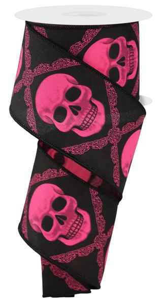 2.5" Skull Ribbon: Black/Hot Pink - 10yds - RGE181111 - The Wreath Shop