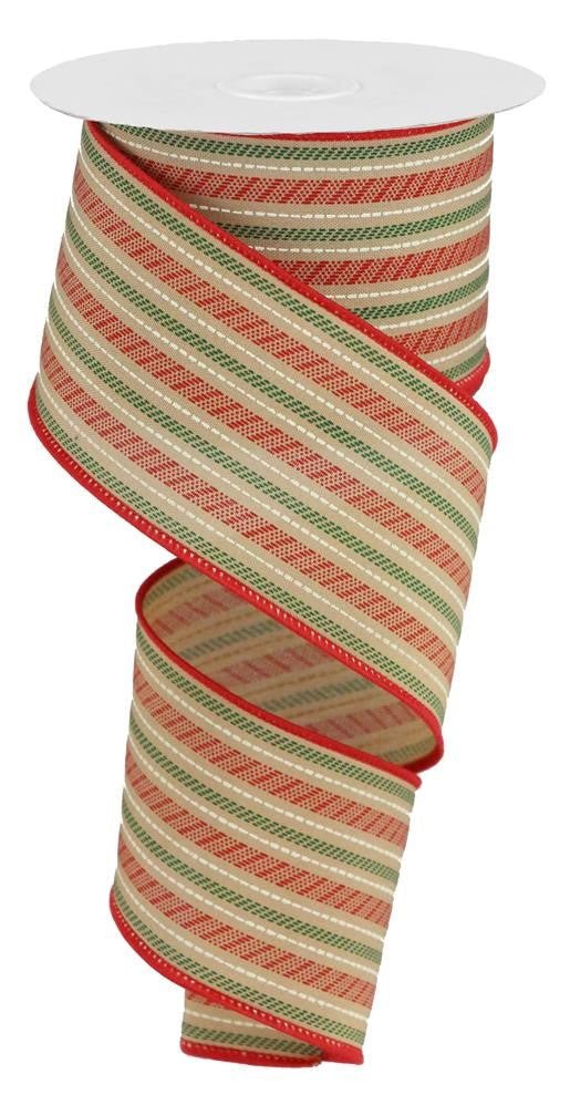 2.5" Slash Stripe Ribbon: Tan/Red/Green - 10yds - RGB1226F2 - The Wreath Shop