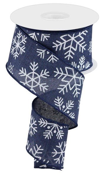 2.5" Snowflakes on Linen Ribbon: Navy - 10yds - RGC141919 - The Wreath Shop