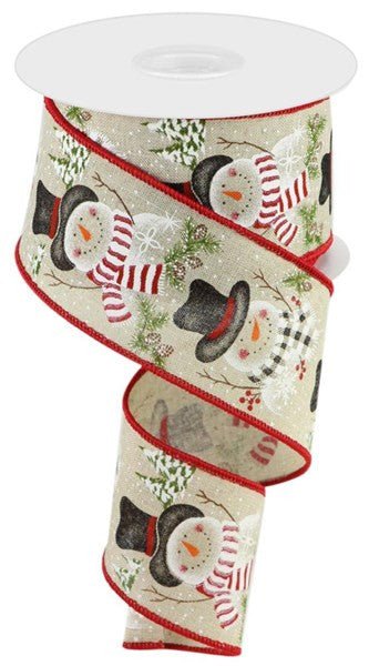 2.5" Snowman/Pine Tree Ribbon: Lt Nat - 10yds - RGC170018 - The Wreath Shop