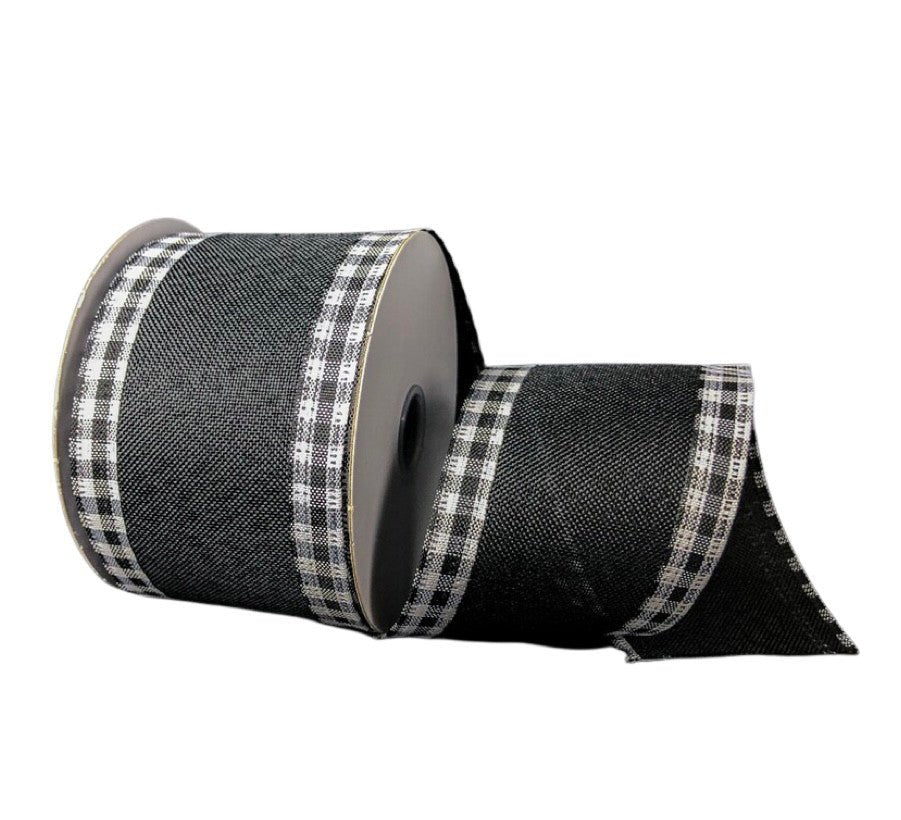 2.5" Solid Linen Gingham Edge Ribbon: Blk/Wht - 45216-40-21 - The Wreath Shop