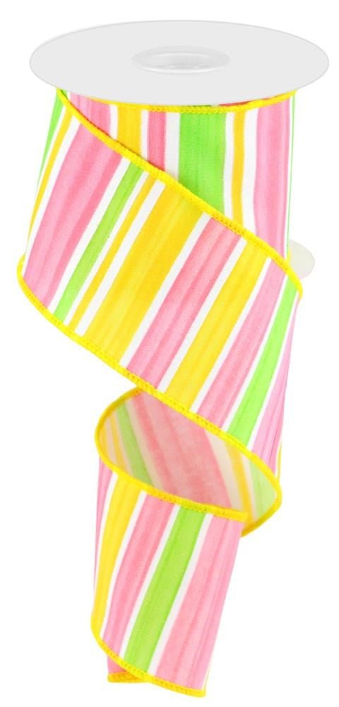 2.5" Spring Watercolor Stripe Ribbon: Pink/Yllw/Grn/Wht - 10yds - RGC1551LT - The Wreath Shop