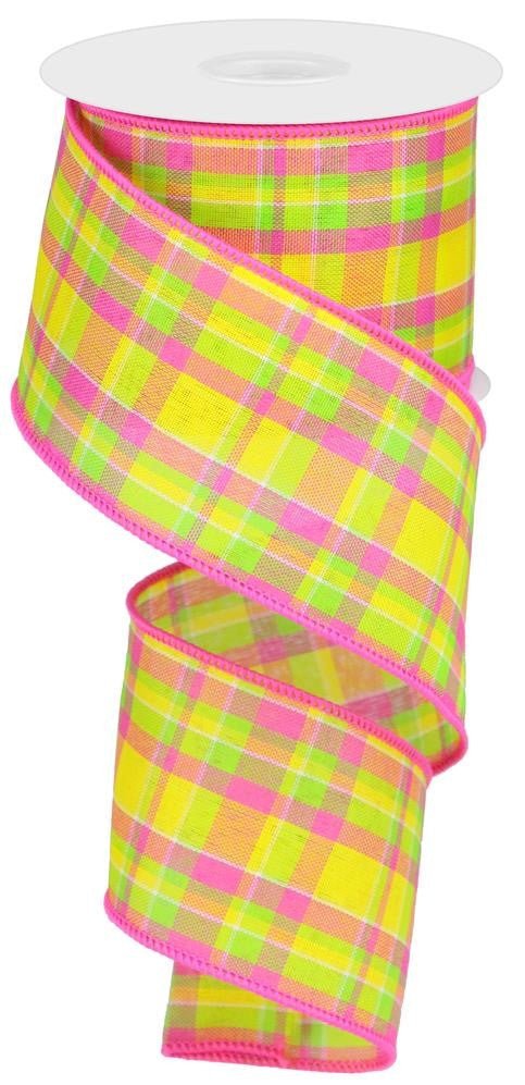 2.5" Spring Woven Plaid Ribbon: Yellow/Pink/Lime - RGA1062 - The Wreath Shop