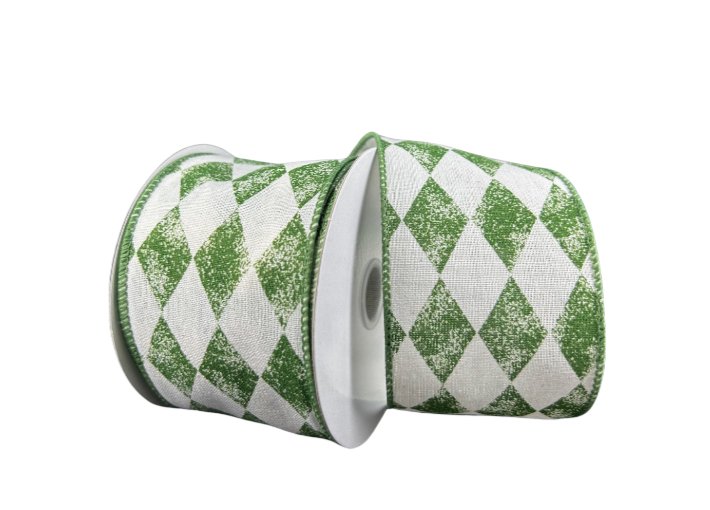 2.5" Stamped Canvas Harlequin Ribbon: Cream/Moss (10yd) - 42433 - 40 - 08 - The Wreath Shop