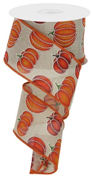 2.5" Stitched Pumpkin Ribbon: Natural - RGC197518 - The Wreath Shop