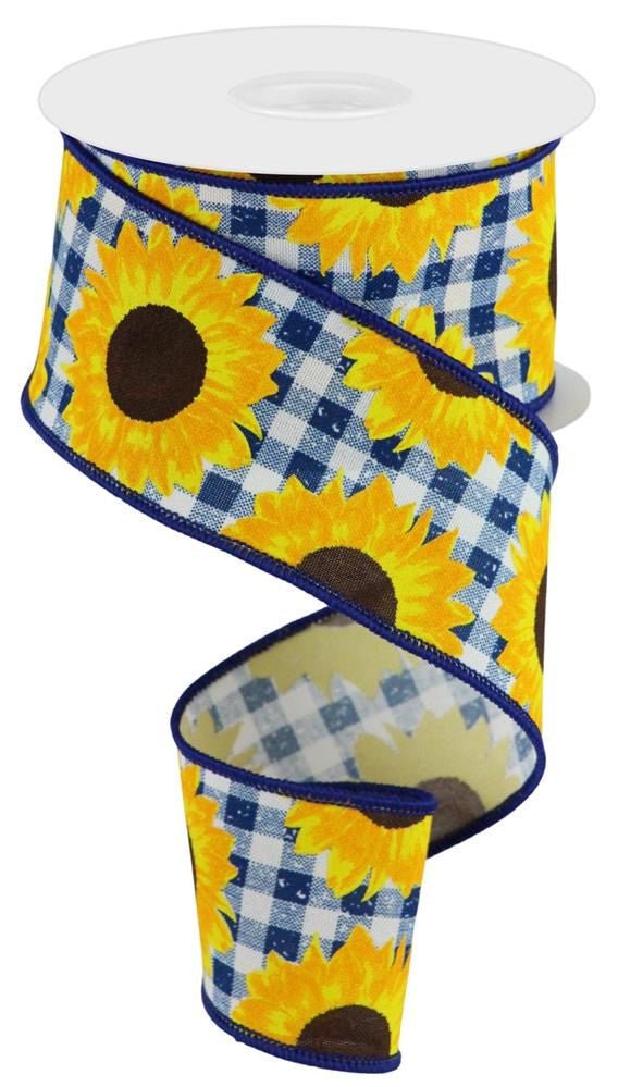 2.5" Sunflower Ribbon: Dk Blue/Wht Check - 10yds - RGC171203 - The Wreath Shop