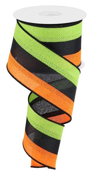 2.5" Tri-Stripe Burlap Ribbon: Orange/Black/Lime Green - 10yds - RG1604W4 - The Wreath Shop