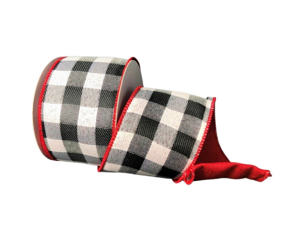 2.5" Two Sided Blk/Wht Buff Plaid/Red Ribbon - 41148-40-12 - The Wreath Shop