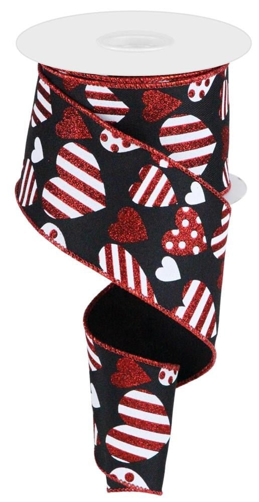 2.5" Valentine Pattern Hearts Ribbon: Black/Red/Wht - 10yds - RGC183902 - The Wreath Shop