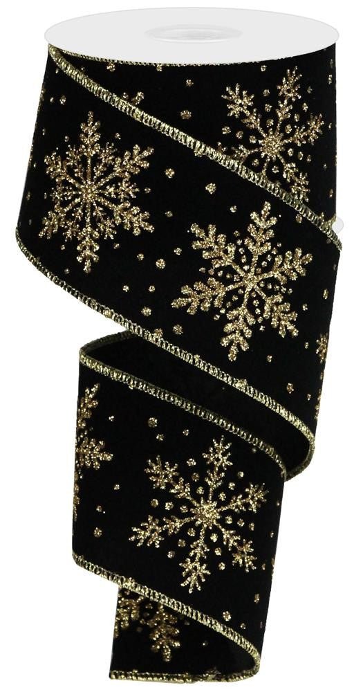 2.5" Velvet Glitter Snowflake Ribbon: Black/Gold - 10yds - RGA192802 - The Wreath Shop