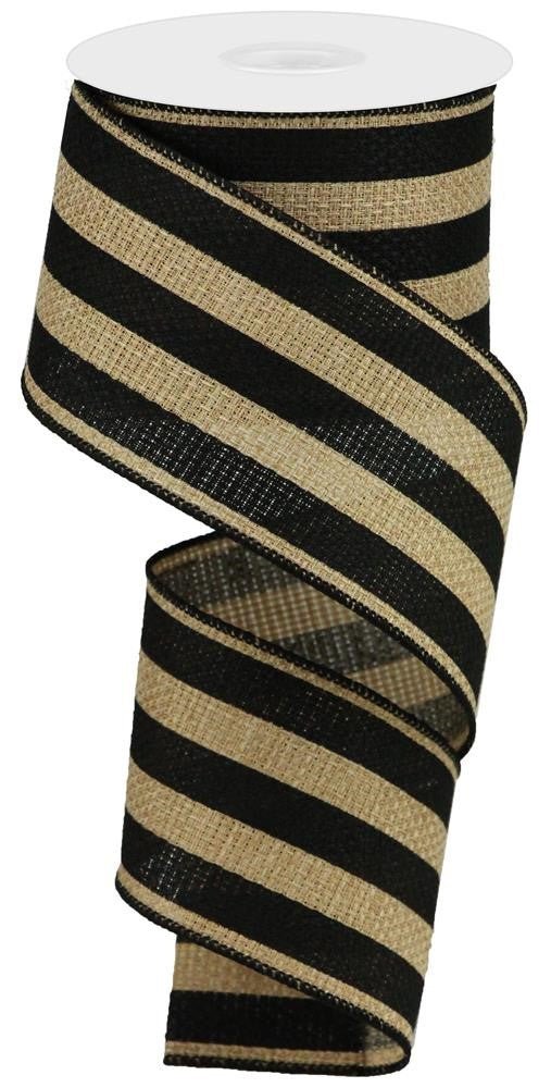 2.5" Vertical Stripe on Faux Burlap Ribbon: Beige/Blk - 10yds - RGA125901 - The Wreath Shop