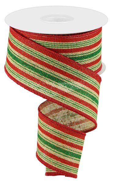 2.5" Vertical Stripe on Faux Burlap Ribbon: Natural/Red/Emerald - 10yds - RGC147018 - The Wreath Shop