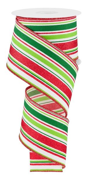 2.5" Vertical Stripe Ribbon: Red/Emer/Lime/White - 10yds - RGE1822HF - The Wreath Shop