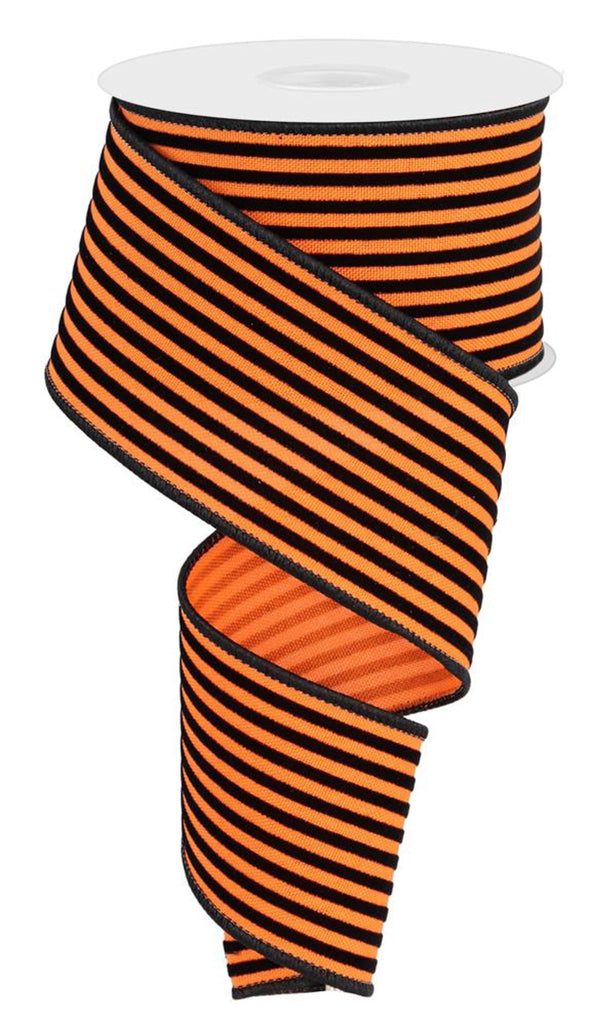 2.5" Vertical Thin Velvet Stripe Ribbon: Orange/Black - 10yds - RGE139420 - The Wreath Shop